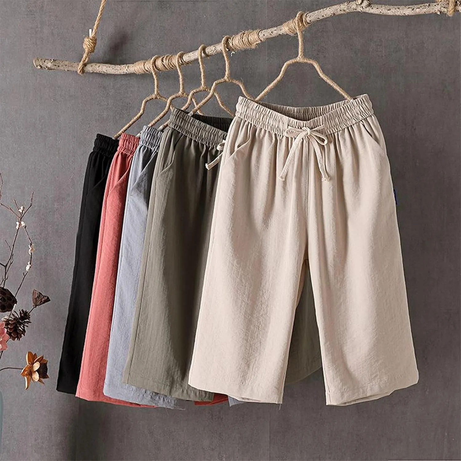 Wide Leg Linen Pants for Women Summer Capri Flowy Pants Casual Loose High Waist Trousers with Pockets