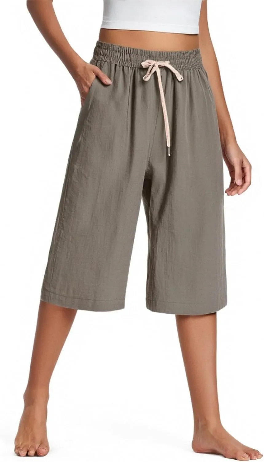 Wide Leg Linen Pants for Women Summer Capri Flowy Pants Casual Loose High Waist Trousers with Pockets