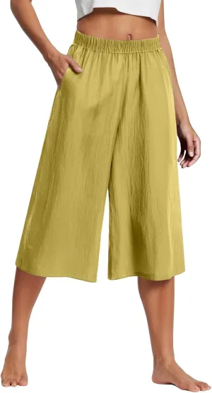 Wide Leg Linen Pants for Women Summer Capri Flowy Pants Casual Loose High Waist Trousers with Pockets
