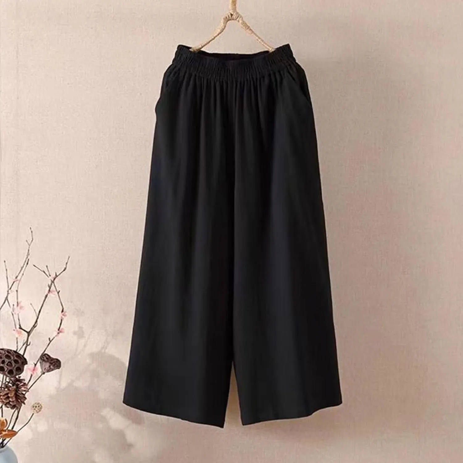 Wide Leg Linen Pants for Women Summer Capri Flowy Pants Casual Loose High Waist Trousers with Pockets