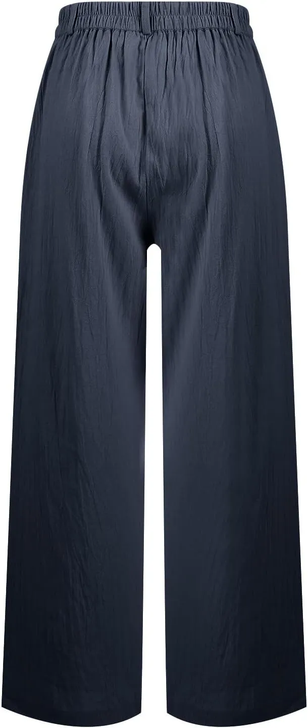 Wide Leg Linen Pants Women Summer Button Elastic High Waisted Work Pants Business Casual Comfy Straight Trouser Pants