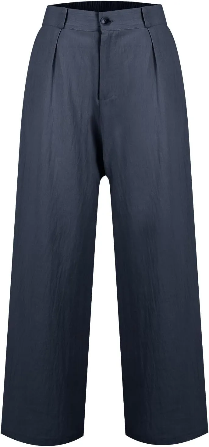 Wide Leg Linen Pants Women Summer Button Elastic High Waisted Work Pants Business Casual Comfy Straight Trouser Pants
