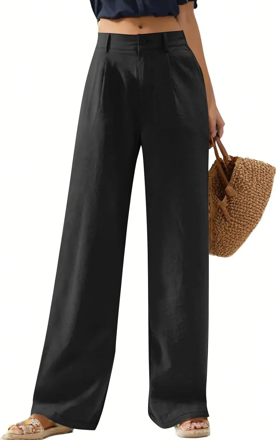 Wide Leg Linen Pants Women Summer Button Elastic High Waisted Work Pants Business Casual Comfy Straight Trouser Pants