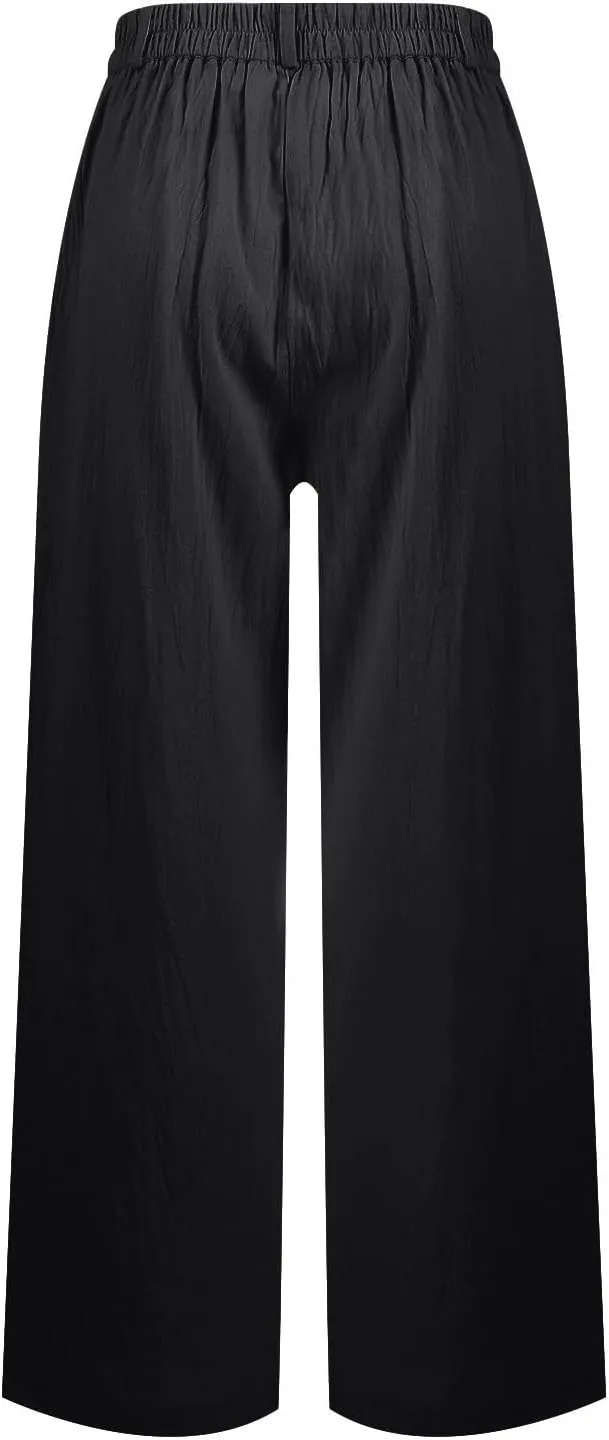 Wide Leg Linen Pants Women Summer Button Elastic High Waisted Work Pants Business Casual Comfy Straight Trouser Pants