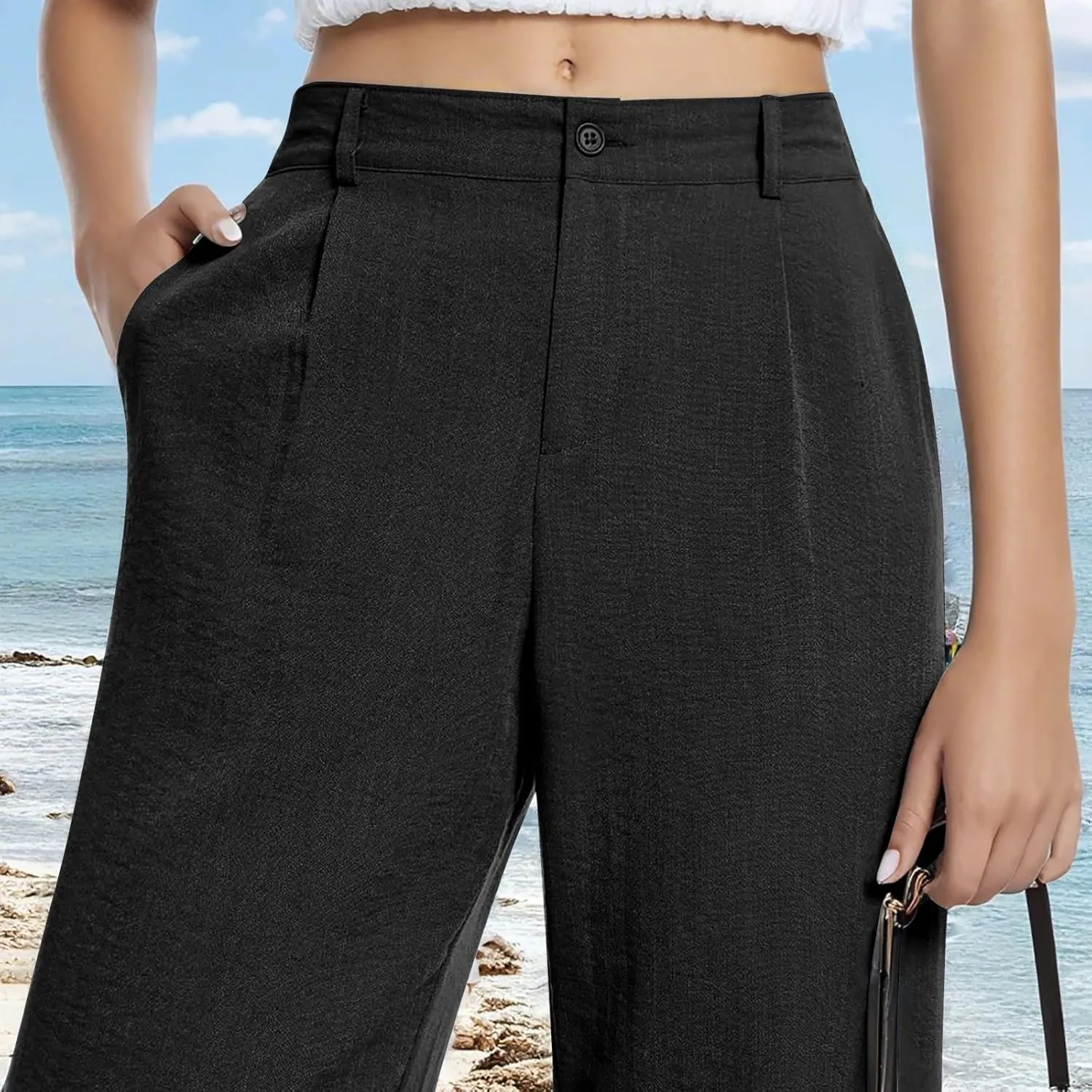 Wide Leg Linen Pants Women Summer Button Elastic High Waisted Work Pants Business Casual Comfy Straight Trouser Pants