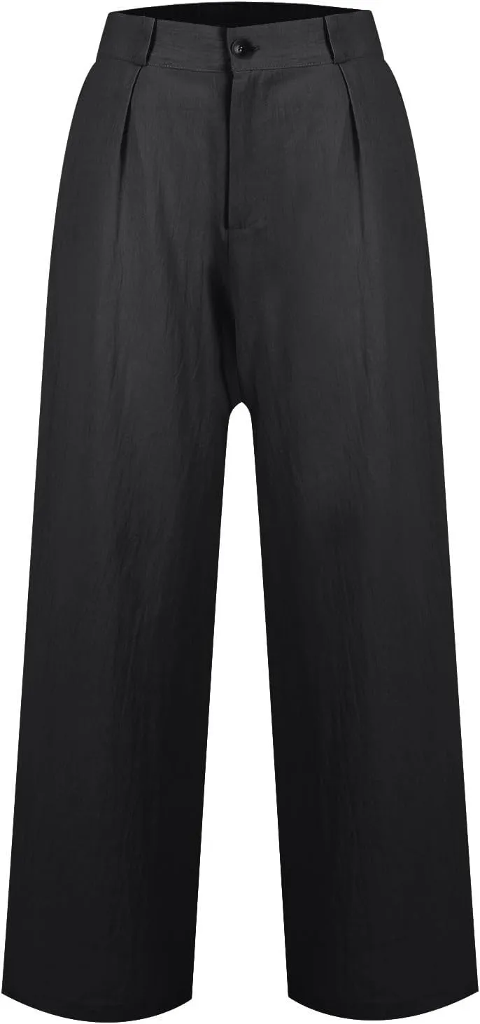 Wide Leg Linen Pants Women Summer Button Elastic High Waisted Work Pants Business Casual Comfy Straight Trouser Pants