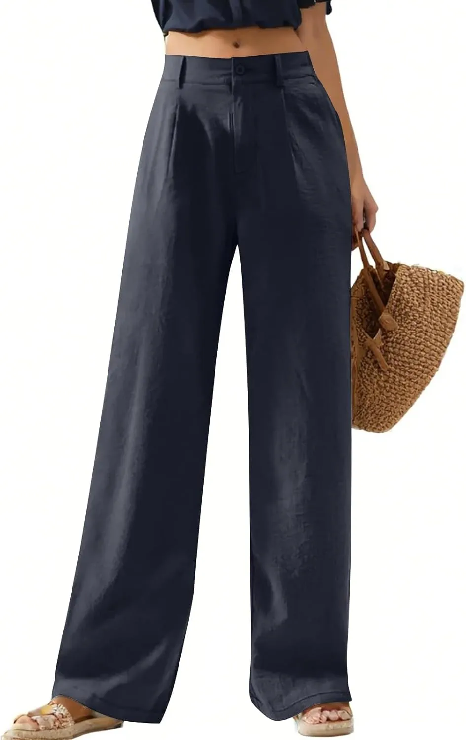 Wide Leg Linen Pants Women Summer Button Elastic High Waisted Work Pants Business Casual Comfy Straight Trouser Pants