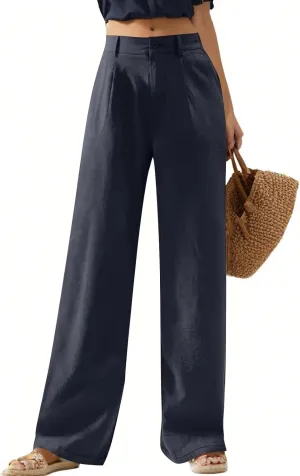Wide Leg Linen Pants Women Summer Button Elastic High Waisted Work Pants Business Casual Comfy Straight Trouser Pants