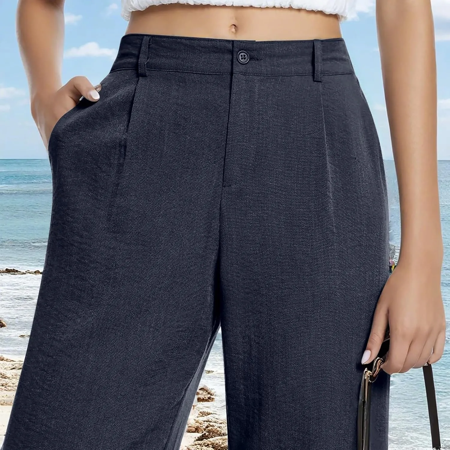 Wide Leg Linen Pants Women Summer Button Elastic High Waisted Work Pants Business Casual Comfy Straight Trouser Pants