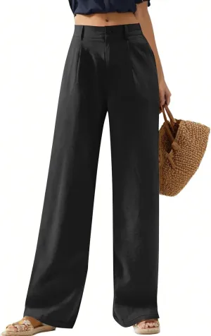 Wide Leg Linen Pants Women Summer Button Elastic High Waisted Work Pants Business Casual Comfy Straight Trouser Pants