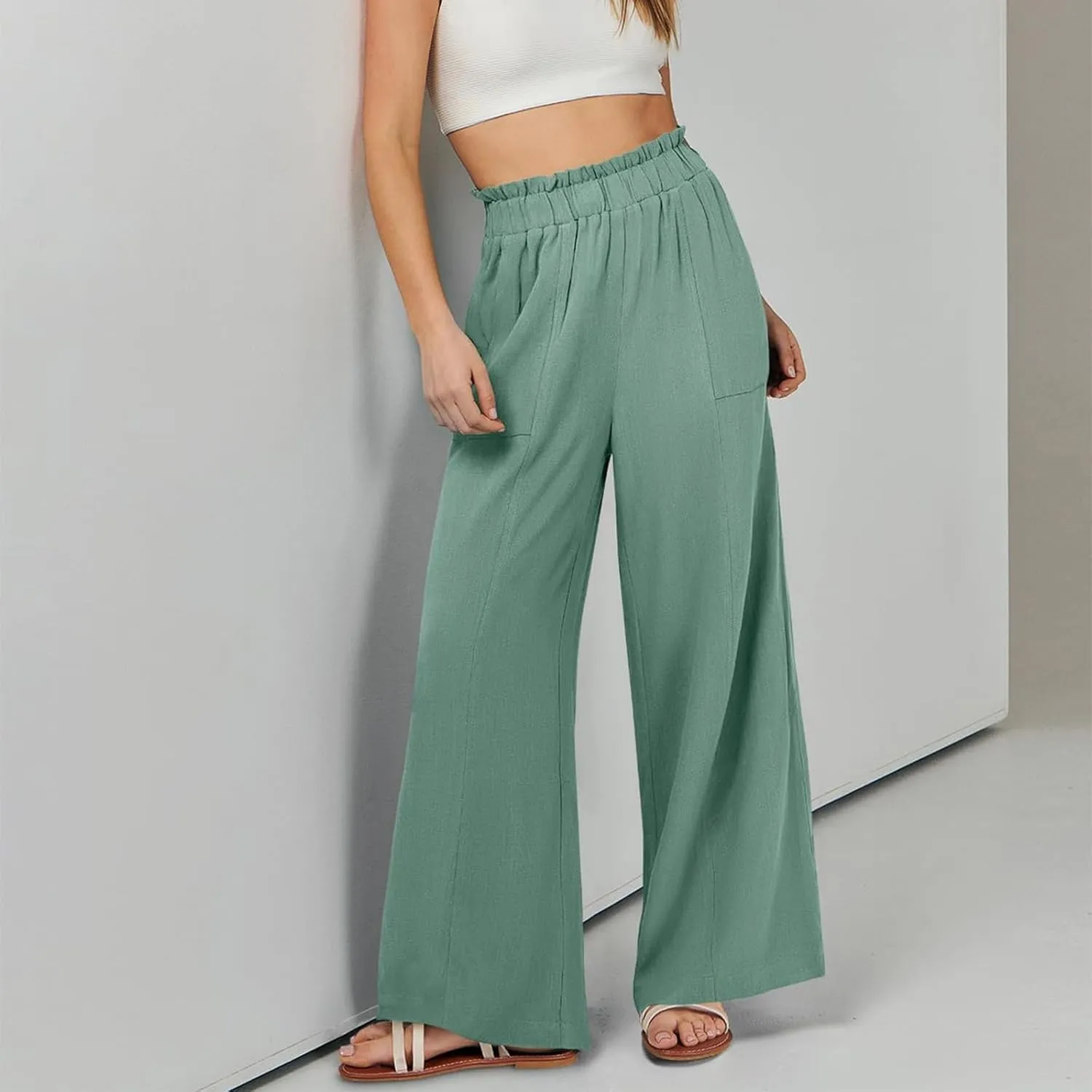 Wide Leg Linen Pants Women Summer Elastic High Waisted Paper Bag Beach Pants Trendy Summer Outfits with Pockets