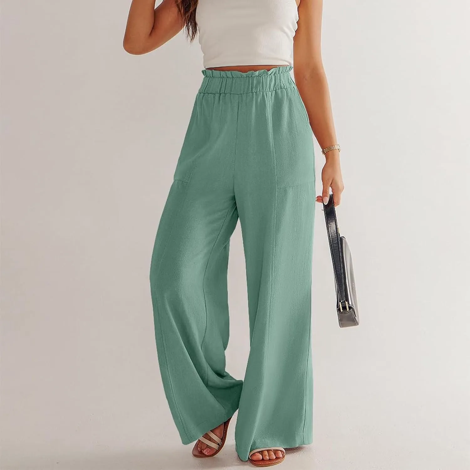 Wide Leg Linen Pants Women Summer Elastic High Waisted Paper Bag Beach Pants Trendy Summer Outfits with Pockets