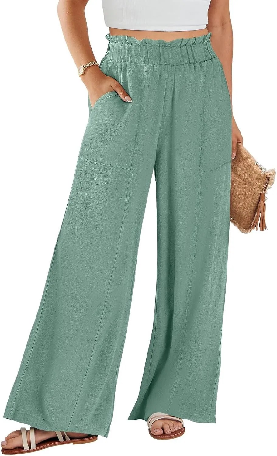 Wide Leg Linen Pants Women Summer Elastic High Waisted Paper Bag Beach Pants Trendy Summer Outfits with Pockets