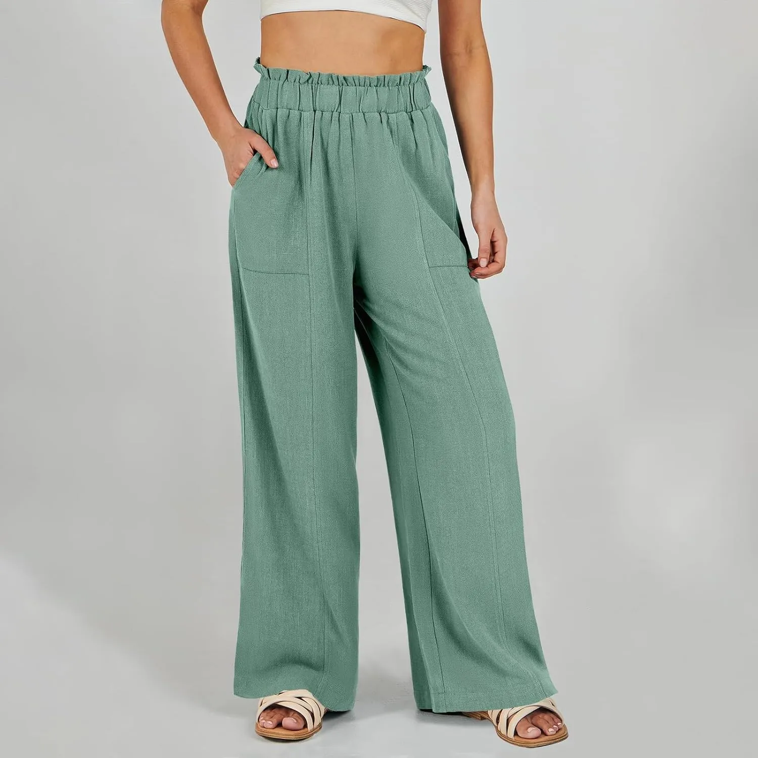 Wide Leg Linen Pants Women Summer Elastic High Waisted Paper Bag Beach Pants Trendy Summer Outfits with Pockets