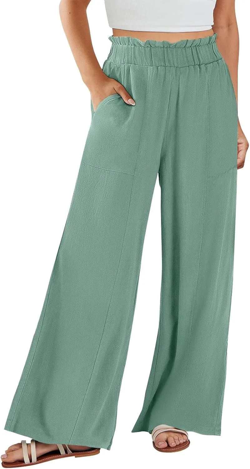 Wide Leg Linen Pants Women Summer Elastic High Waisted Paper Bag Beach Pants Trendy Summer Outfits with Pockets