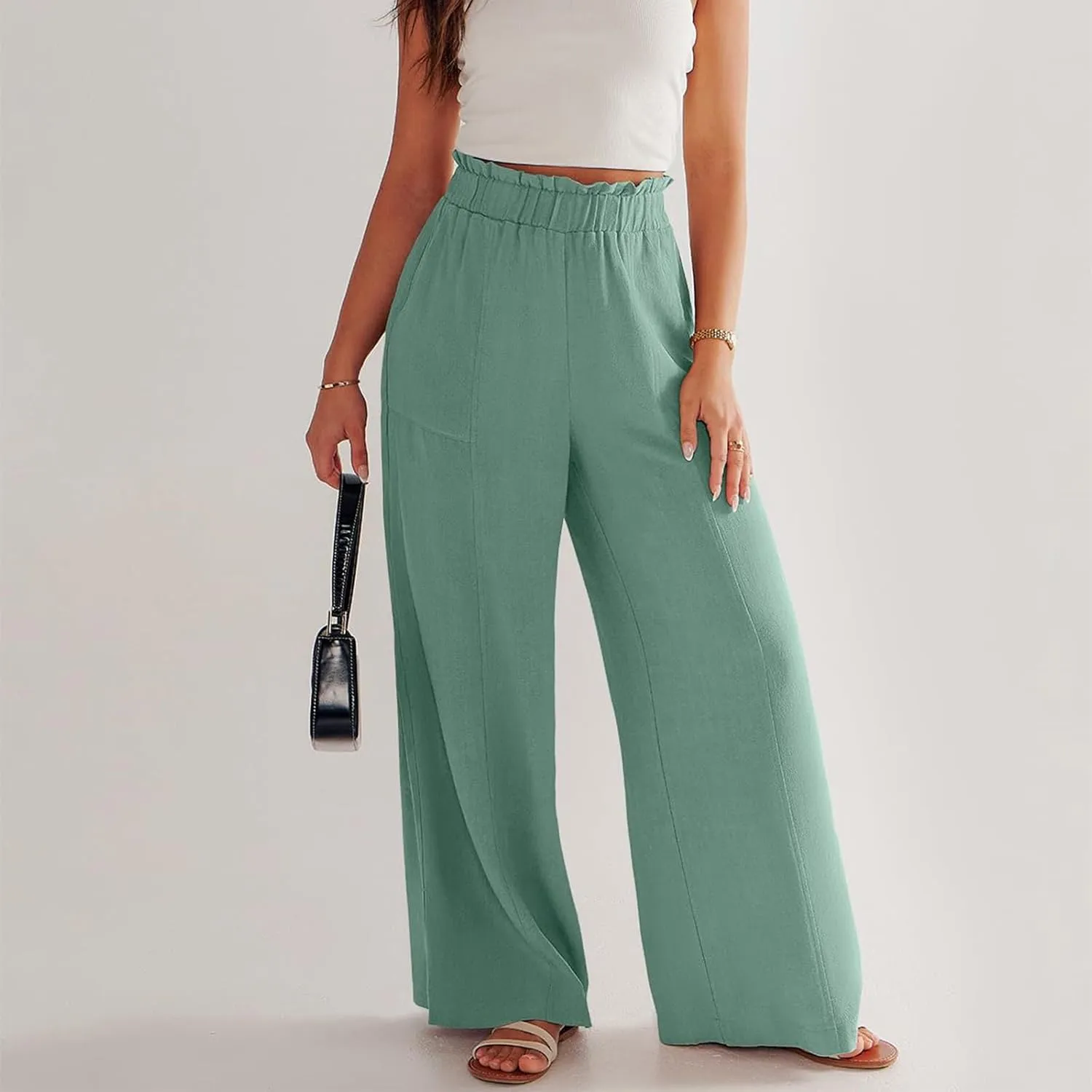 Wide Leg Linen Pants Women Summer Elastic High Waisted Paper Bag Beach Pants Trendy Summer Outfits with Pockets