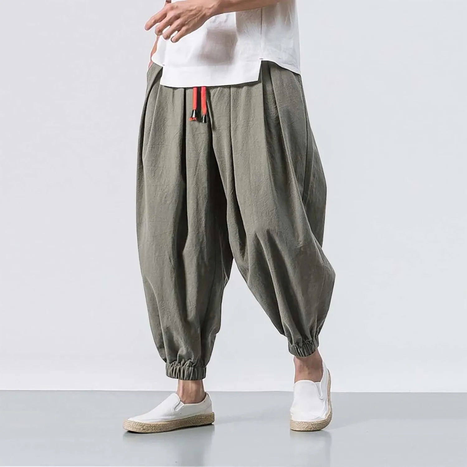 Wide Leg Pants for Men Harlan Pants Casual Hiking Sports Trousers Elastic Drawstring Waist Joggers with Pockers