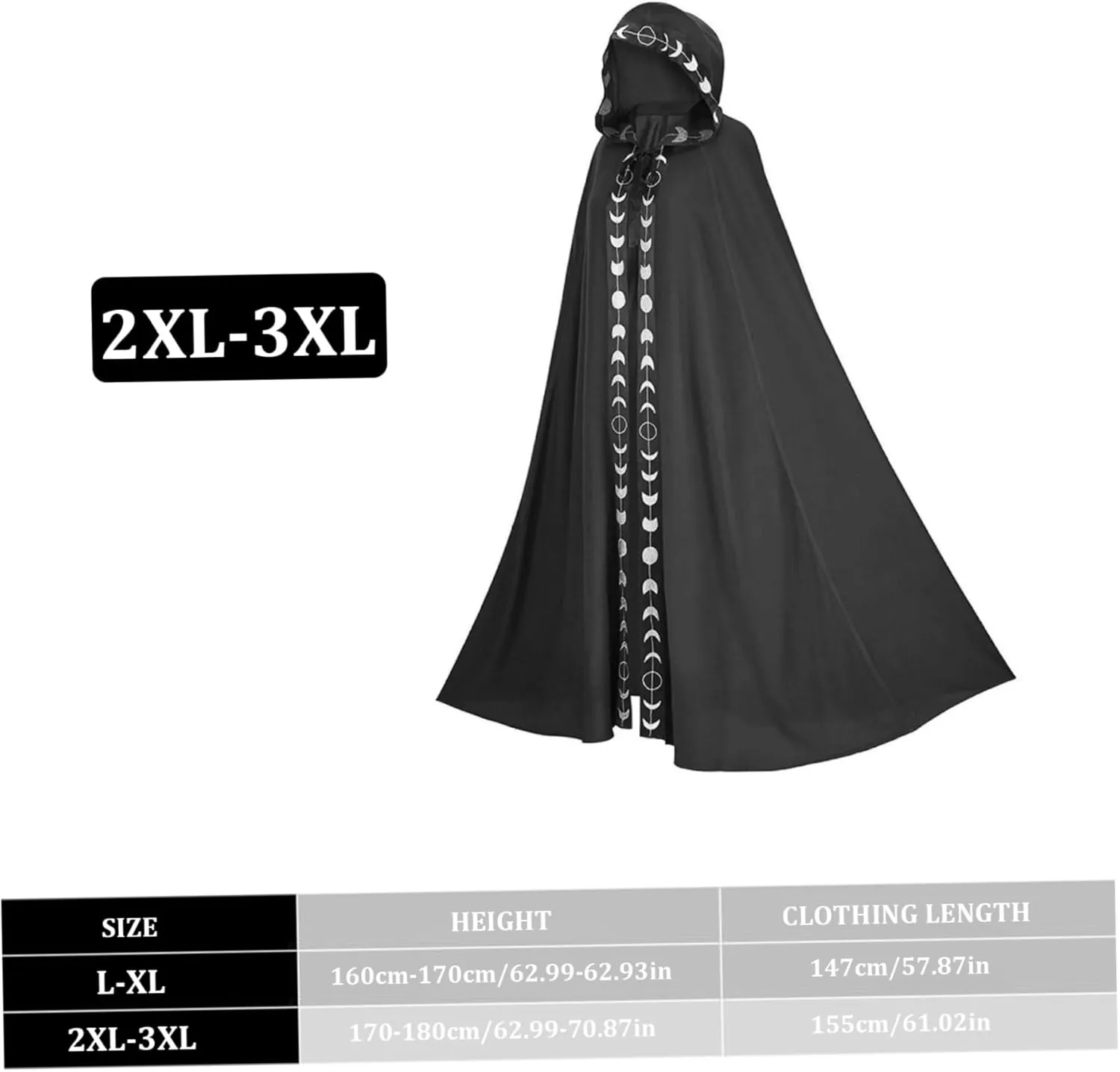 Wizard Cloak 61 IN Long Hooded Flower Brim Halloween Cloak Adult Renaissance Medieval Drawstring Black Cape Unisex Gothic Wizard Robe for Christmas Masquerade Black 2XL-3XL Black Cape Wizard Robe Hal