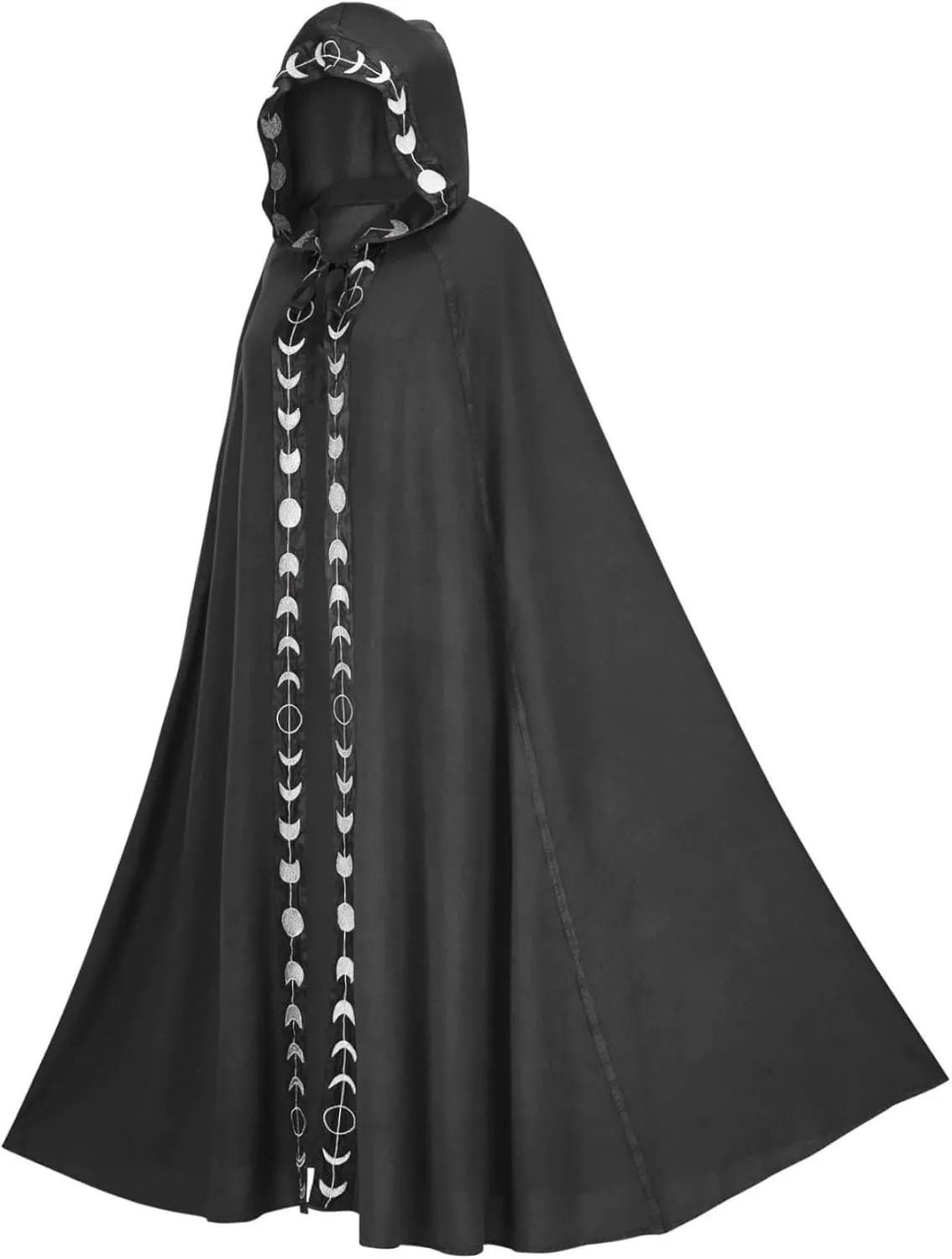 Wizard Cloak 61 IN Long Hooded Flower Brim Halloween Cloak Adult Renaissance Medieval Drawstring Black Cape Unisex Gothic Wizard Robe for Christmas Masquerade Black 2XL-3XL Black Cape Wizard Robe Hal