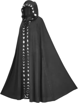 Wizard Cloak 61 IN Long Hooded Flower Brim Halloween Cloak Adult Renaissance Medieval Drawstring Black Cape Unisex Gothic Wizard Robe for Christmas Masquerade Black 2XL-3XL Black Cape Wizard Robe Hal