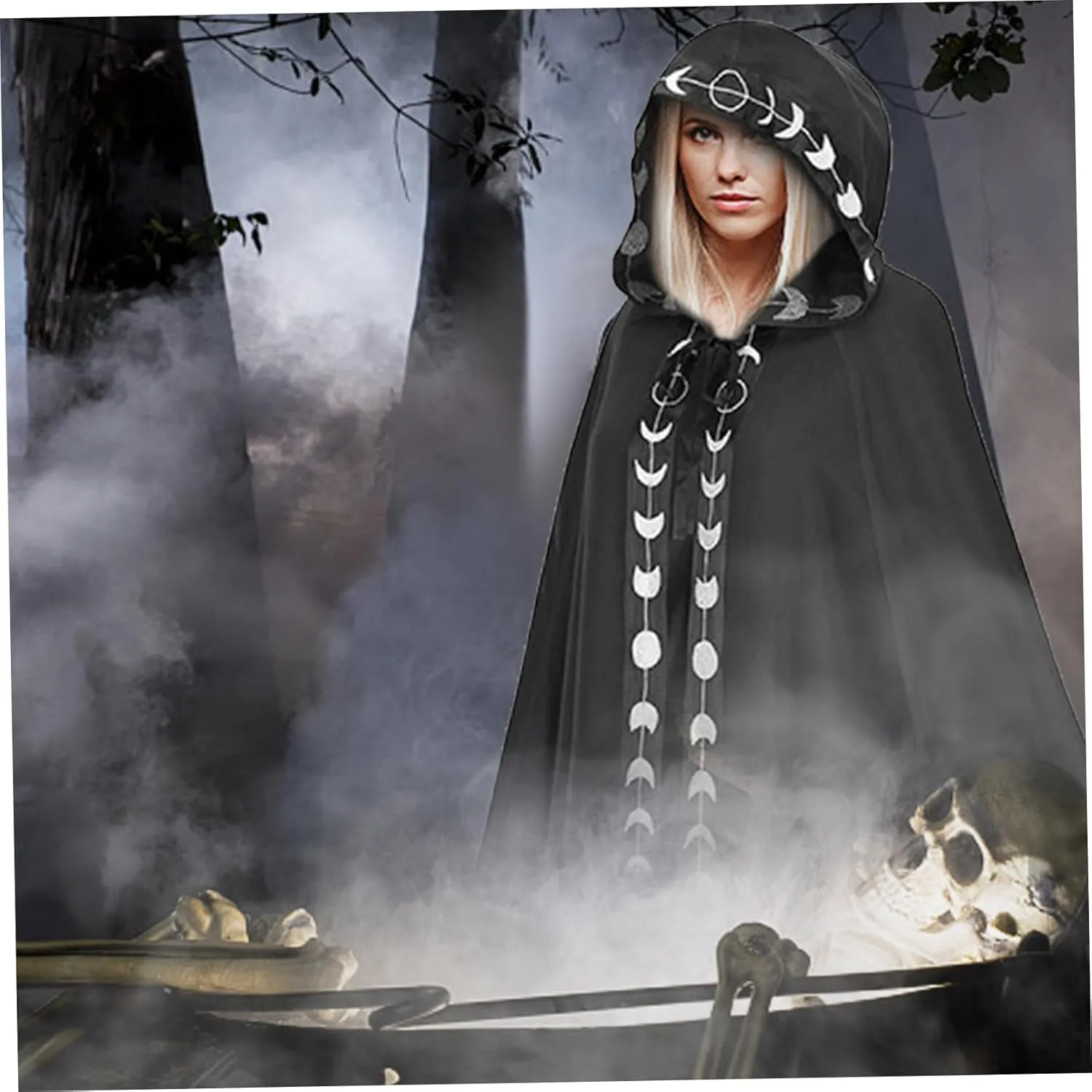 Wizard Cloak 61 IN Long Hooded Flower Brim Halloween Cloak Adult Renaissance Medieval Drawstring Black Cape Unisex Gothic Wizard Robe for Christmas Masquerade Black 2XL-3XL Black Cape Wizard Robe Hal