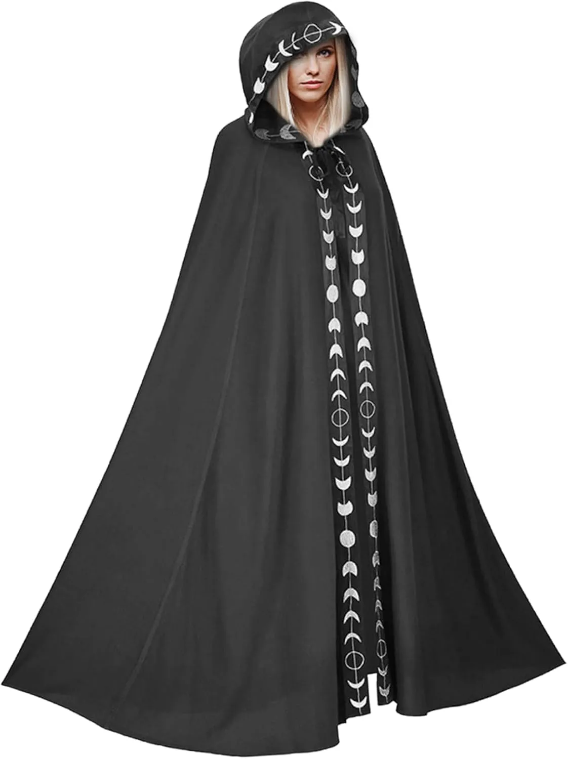 Wizard Cloak 61 IN Long Hooded Flower Brim Halloween Cloak Adult Renaissance Medieval Drawstring Black Cape Unisex Gothic Wizard Robe for Christmas Masquerade Black 2XL-3XL Black Cape Wizard Robe Hal