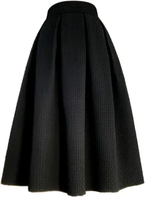 Wjnvfioo Spring Autumn Women Korean Black Stripes Embroidery High Waist Pleated Long Midi Skirt