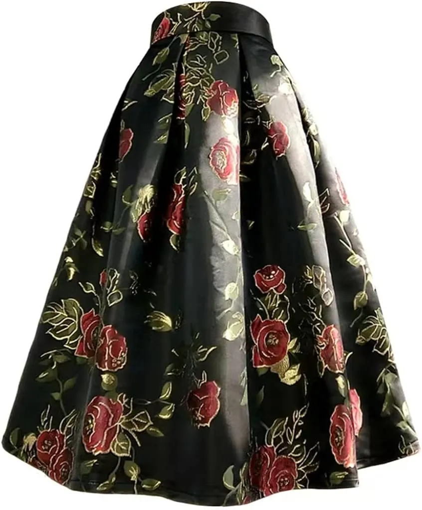 Wjnvfioo Spring Women Clothes Rose Floral Print High Waist Long Midi Skirt