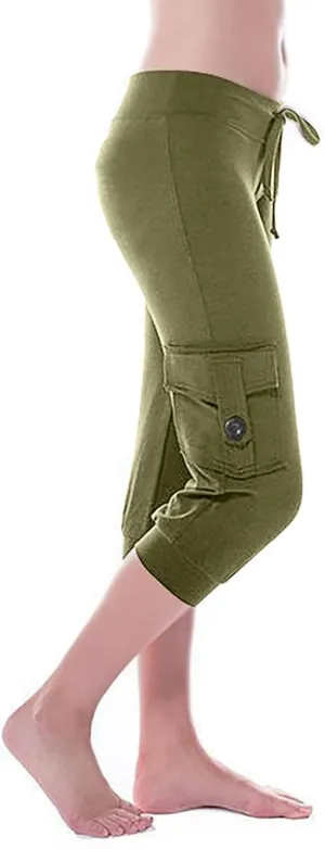 Wkishenl Capri Pants for Women Summer 2025 Drawstring Elastic High Waist Cargo Pants with Pockets Solid Color Button Joggers