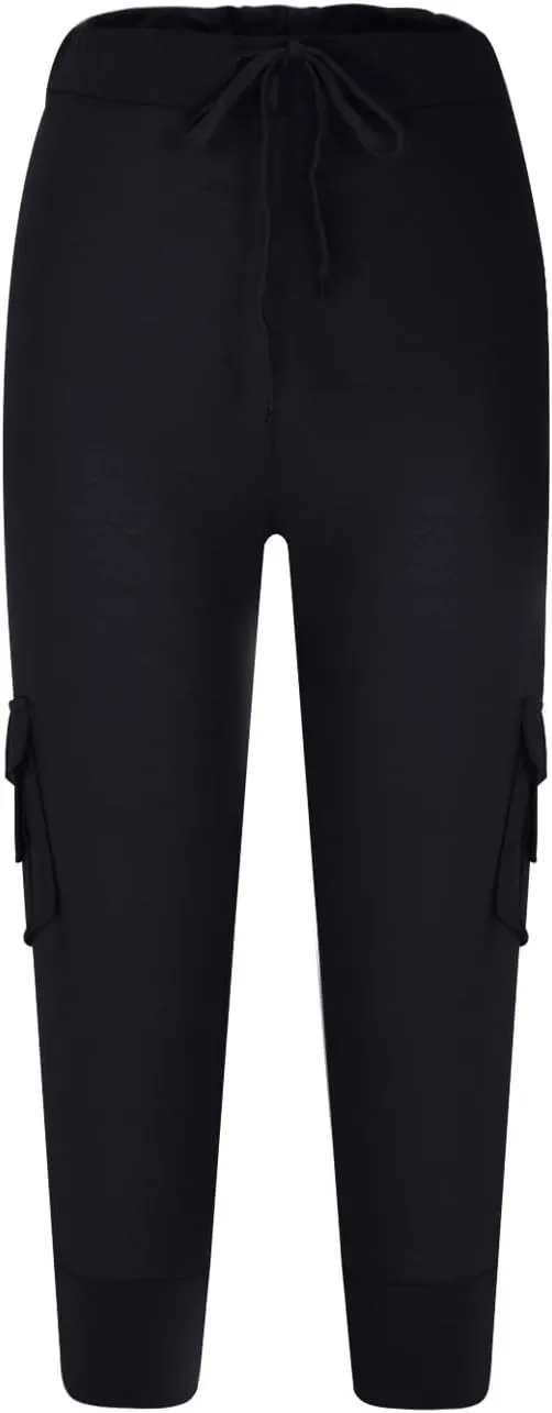 Wkishenl Capri Pants for Women Summer 2025 Drawstring Elastic High Waist Cargo Pants with Pockets Solid Color Button Joggers