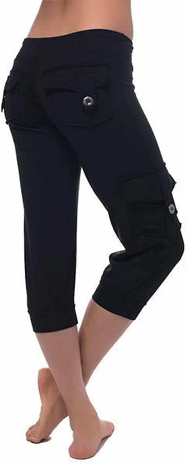 Wkishenl Capri Pants for Women Summer 2025 Drawstring Elastic High Waist Cargo Pants with Pockets Solid Color Button Joggers