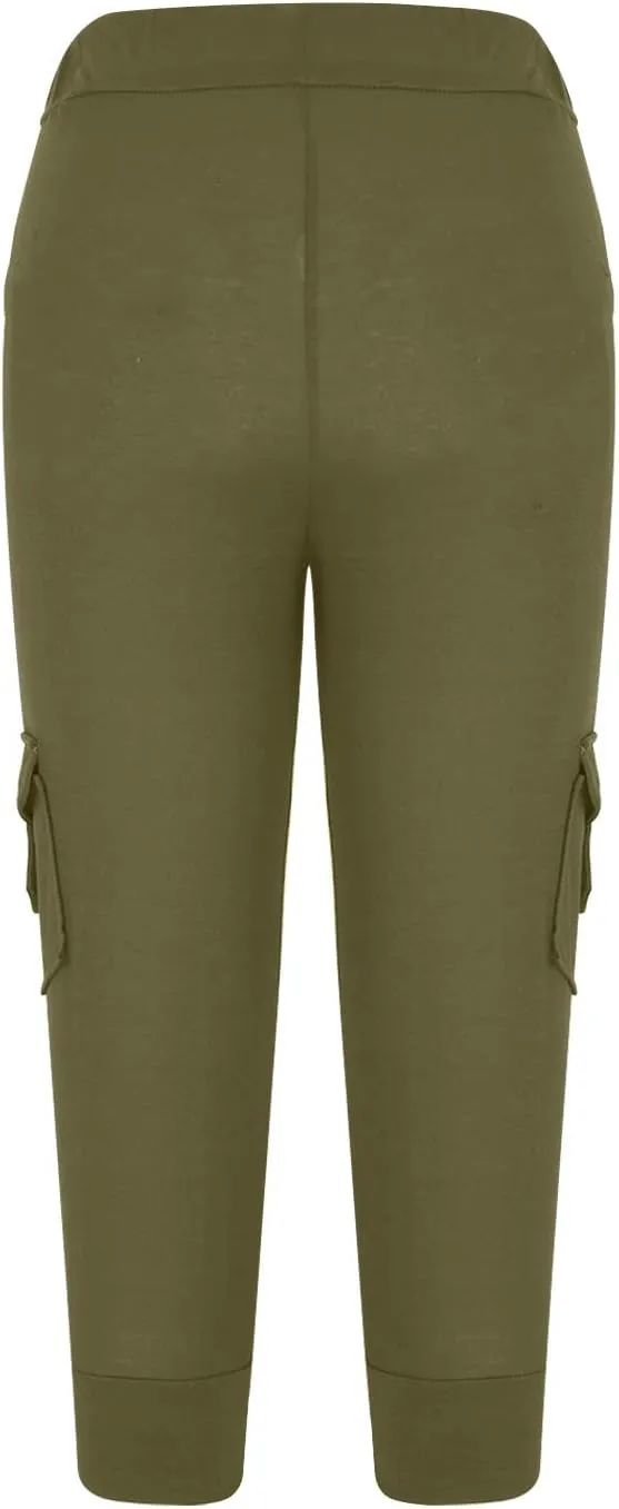 Wkishenl Capri Pants for Women Summer 2025 Drawstring Elastic High Waist Cargo Pants with Pockets Solid Color Button Joggers