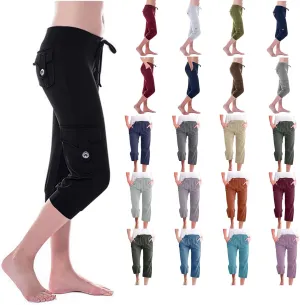 Wkishenl Capri Pants for Women Summer 2025 Drawstring Elastic High Waist Cargo Pants with Pockets Solid Color Button Joggers