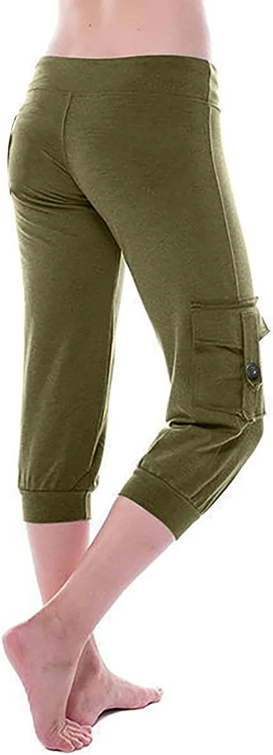 Wkishenl Capri Pants for Women Summer 2025 Drawstring Elastic High Waist Cargo Pants with Pockets Solid Color Button Joggers