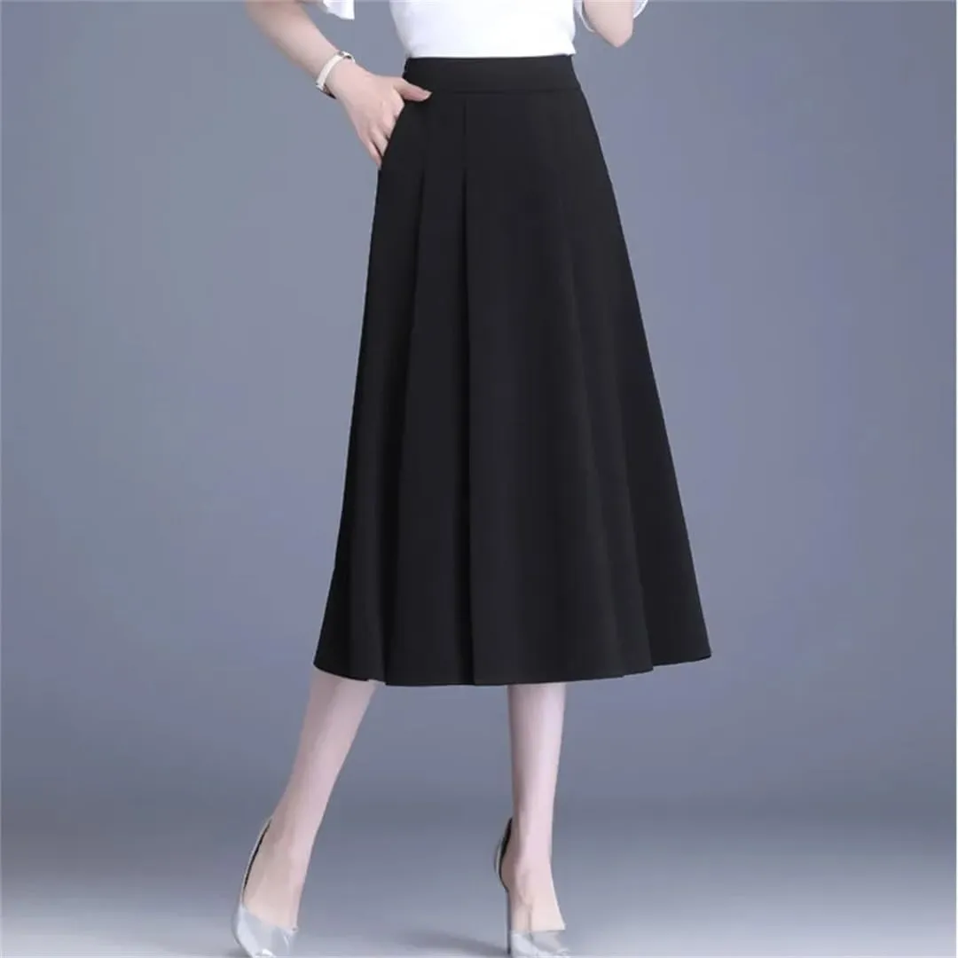 Women A-Line Skirt Spring Split Joint Pleated Skirt High Waisted Midi Skirt