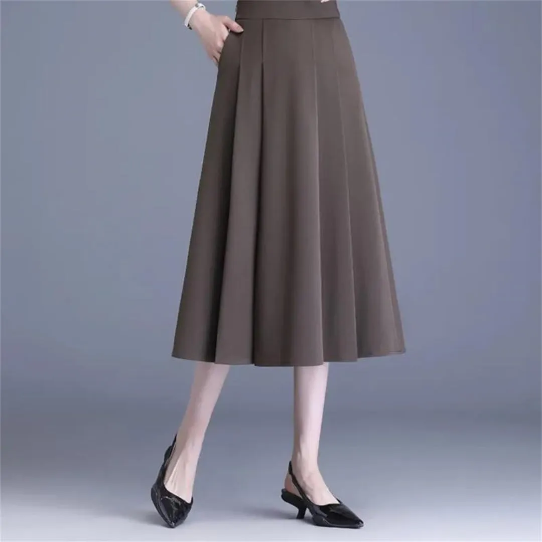 Women A-Line Skirt Spring Split Joint Pleated Skirt High Waisted Midi Skirt