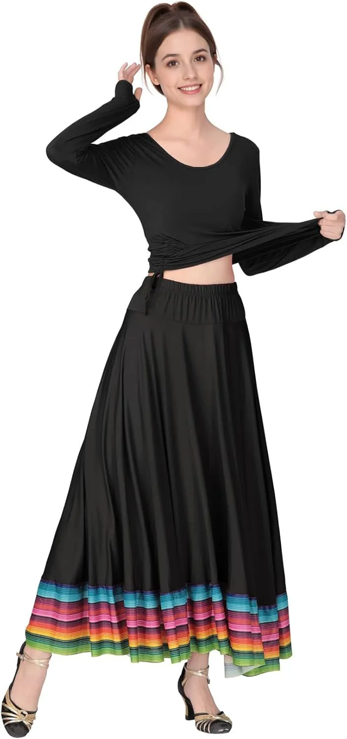 Women Ballroom Dance Skirt Swing High Waist Long Skirts Folkloric Mexican Flamenco Dance Skirt