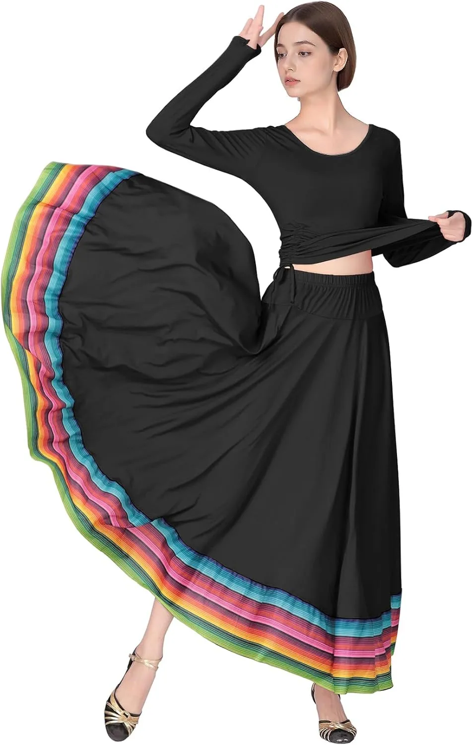 Women Ballroom Dance Skirt Swing High Waist Long Skirts Folkloric Mexican Flamenco Dance Skirt