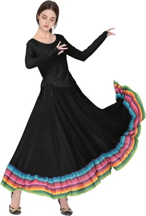 Women Ballroom Dance Skirt Swing High Waist Long Skirts Folkloric Mexican Flamenco Dance Skirt
