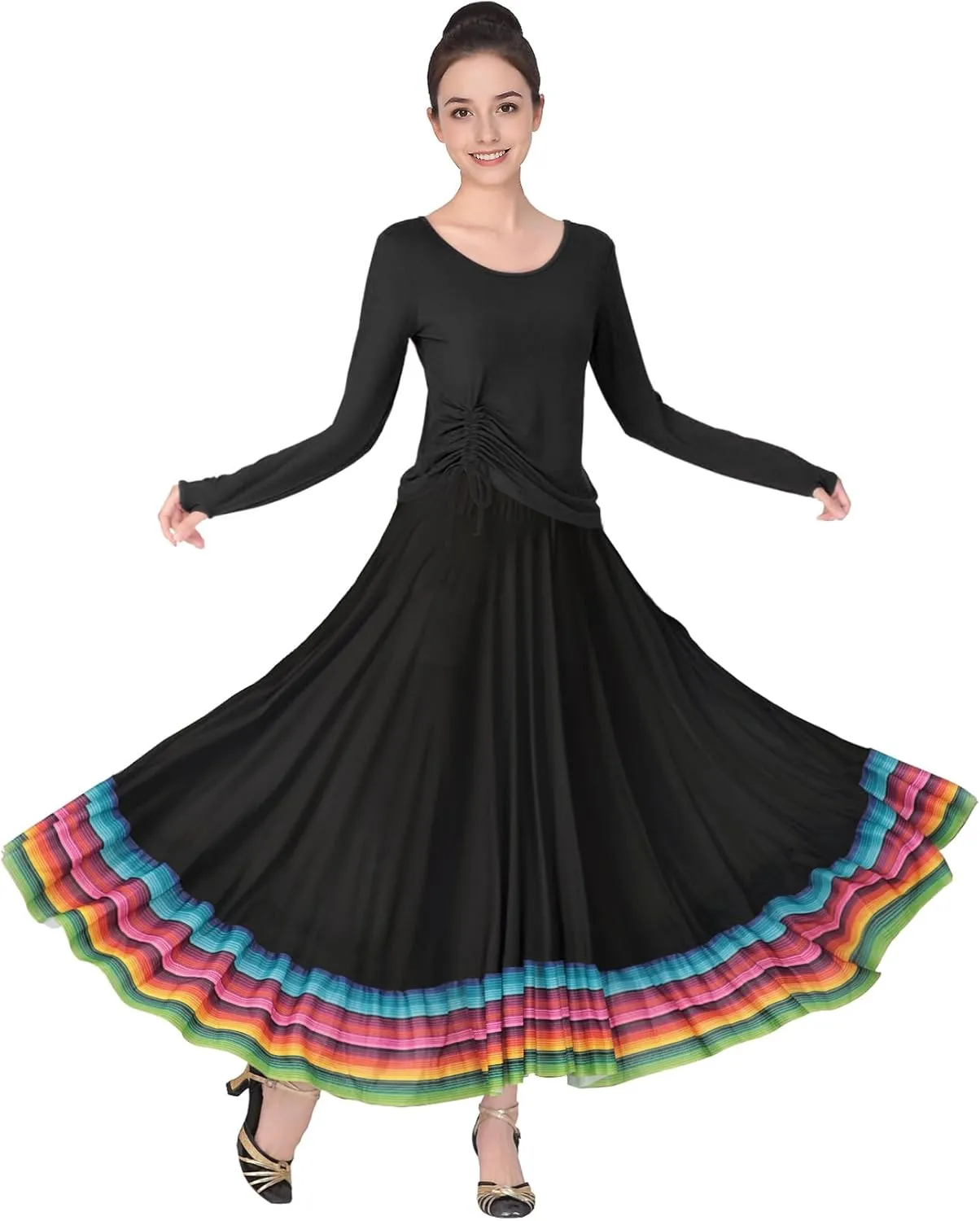 Women Ballroom Dance Skirt Swing High Waist Long Skirts Folkloric Mexican Flamenco Dance Skirt