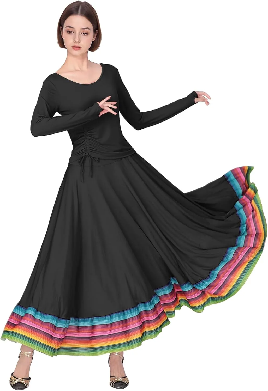 Women Ballroom Dance Skirt Swing High Waist Long Skirts Folkloric Mexican Flamenco Dance Skirt
