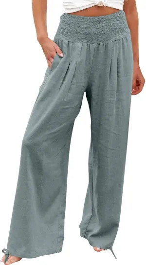 Women Cotton Linen Palazzo Pants Summer Boho Wide Leg High Waist Casual Lounge Pant 2025 Beach Travel Vacation Outfits