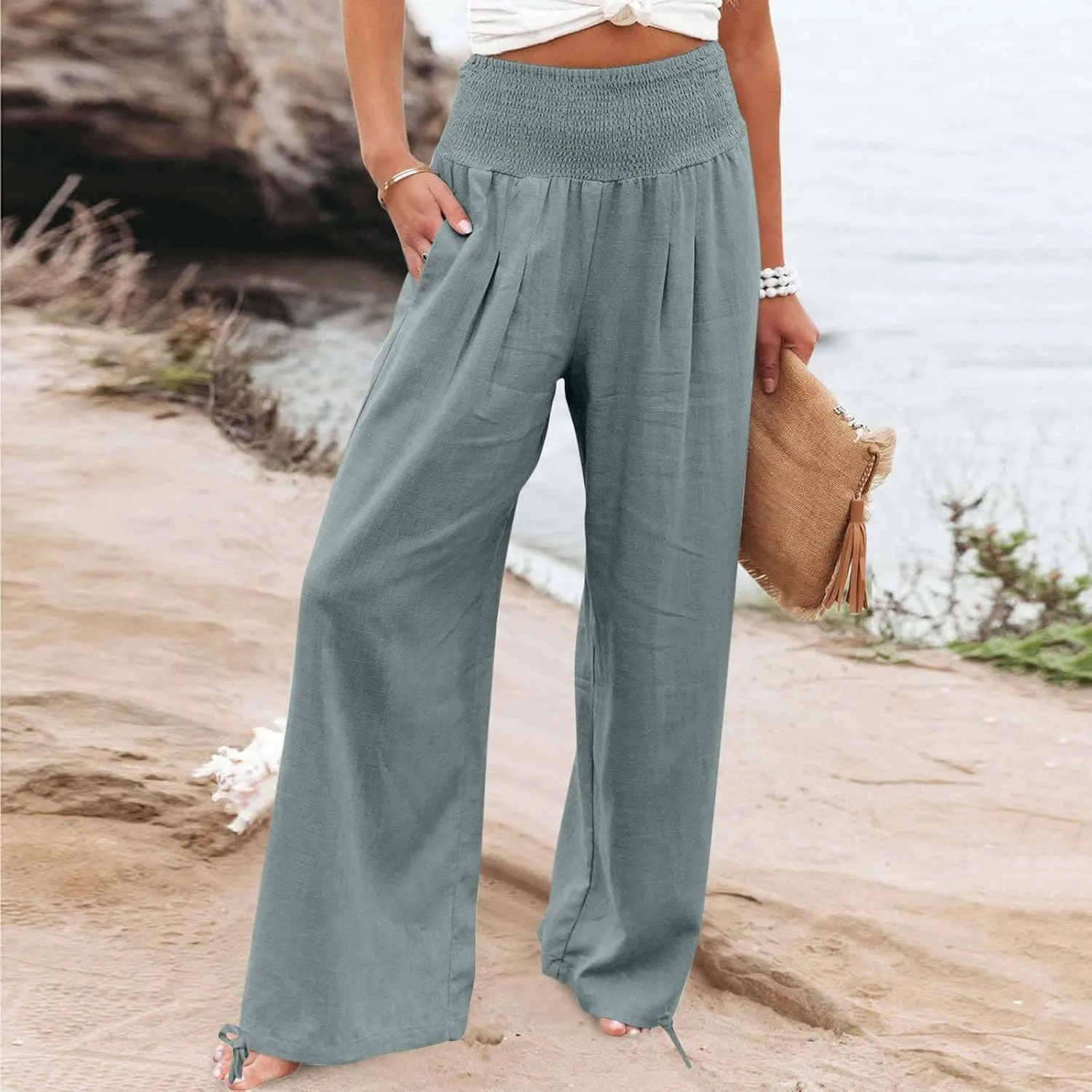Women Cotton Linen Palazzo Pants Summer Boho Wide Leg High Waist Casual Lounge Pant 2025 Beach Travel Vacation Outfits