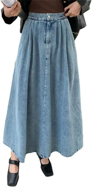 Women Denim Skirt A- Line High Waisted Vintage Casual Buttons Pleated Jeans Skirts