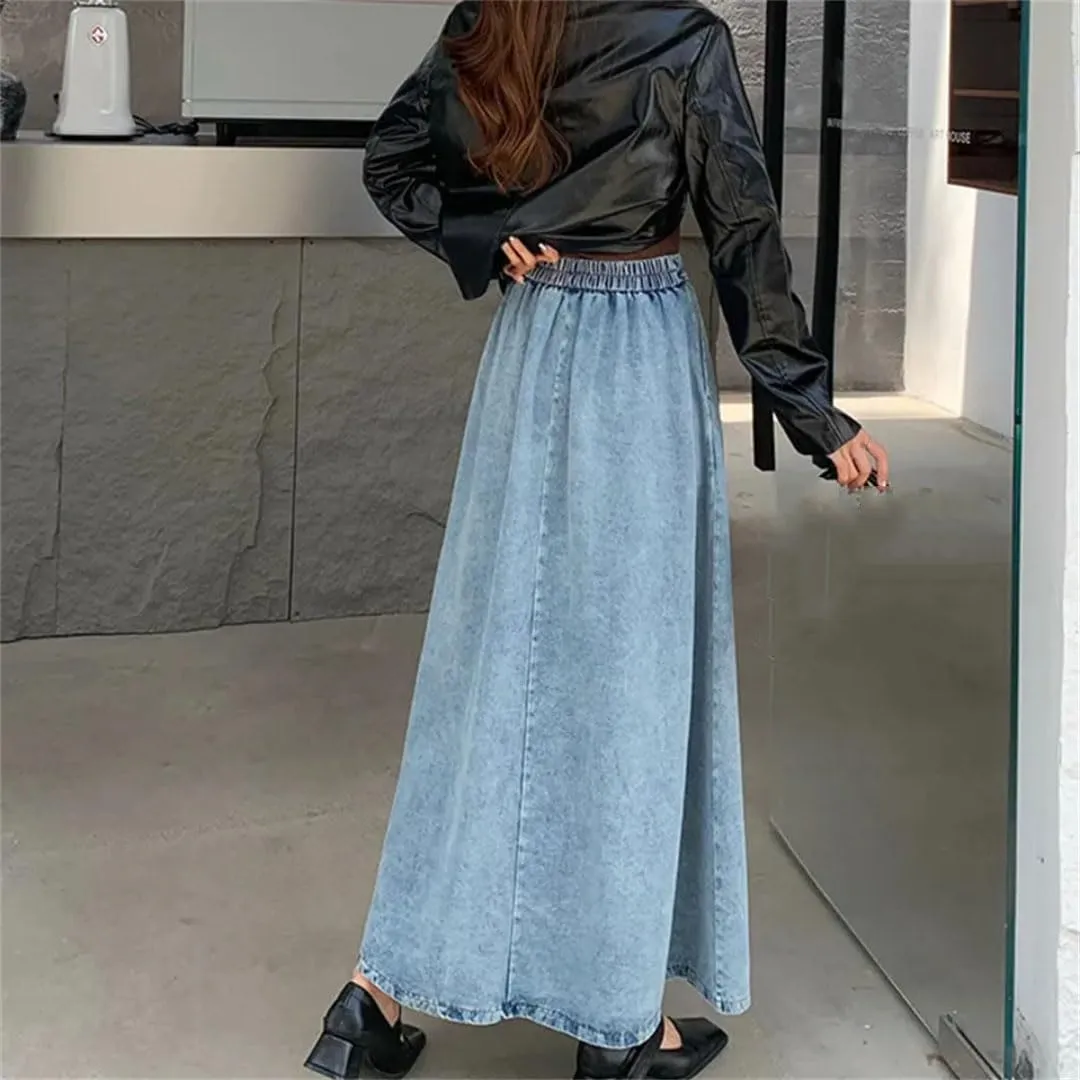 Women Denim Skirt A- Line High Waisted Vintage Casual Buttons Pleated Jeans Skirts