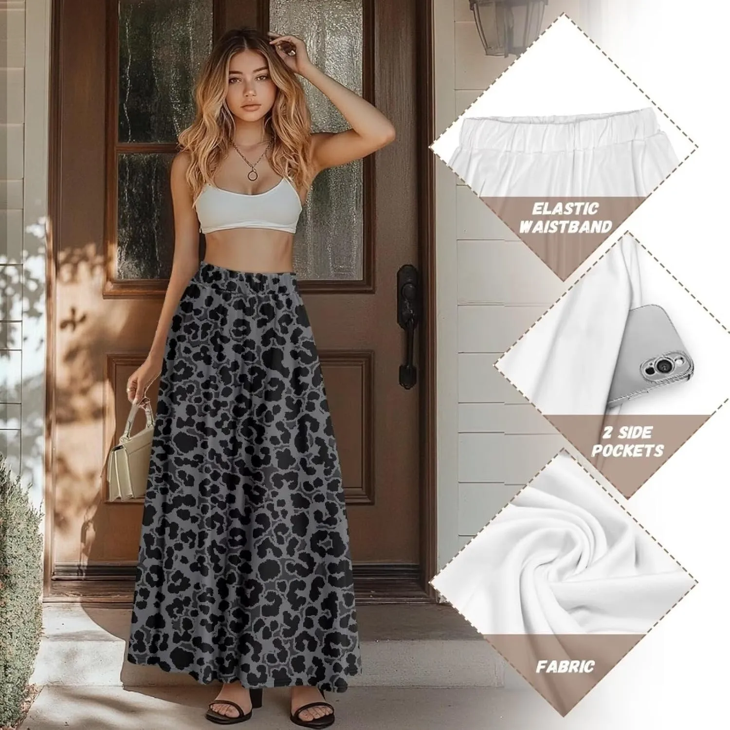 Women Elastic High Waist Skirt A-Line Pleated Swing Flowy Maxi Long Skirt Dress with Pockets Size S-2XL