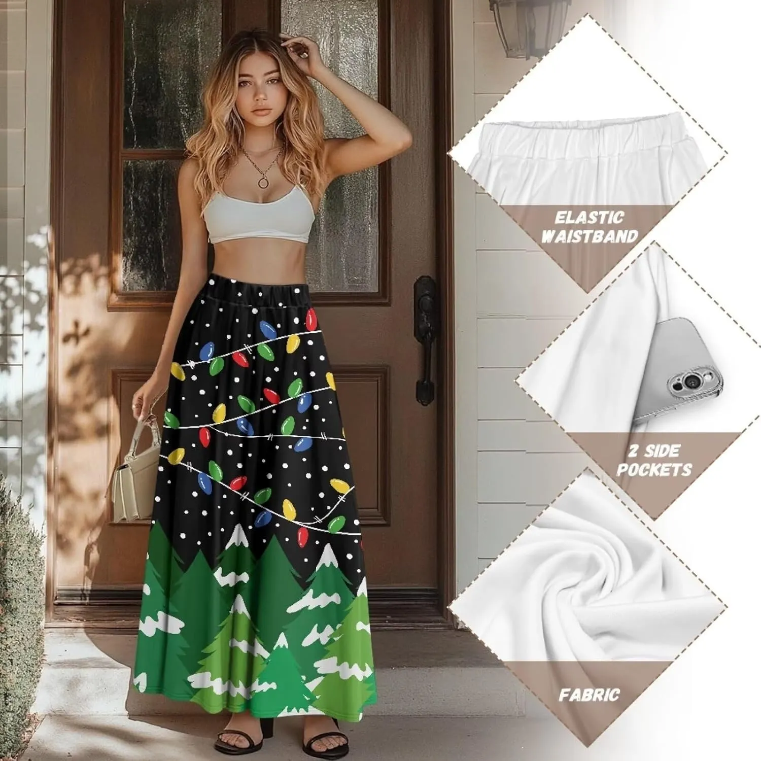 Women Elastic High Waist Skirt A-Line Pleated Swing Flowy Maxi Long Skirt Dress with Pockets Size S-2XL