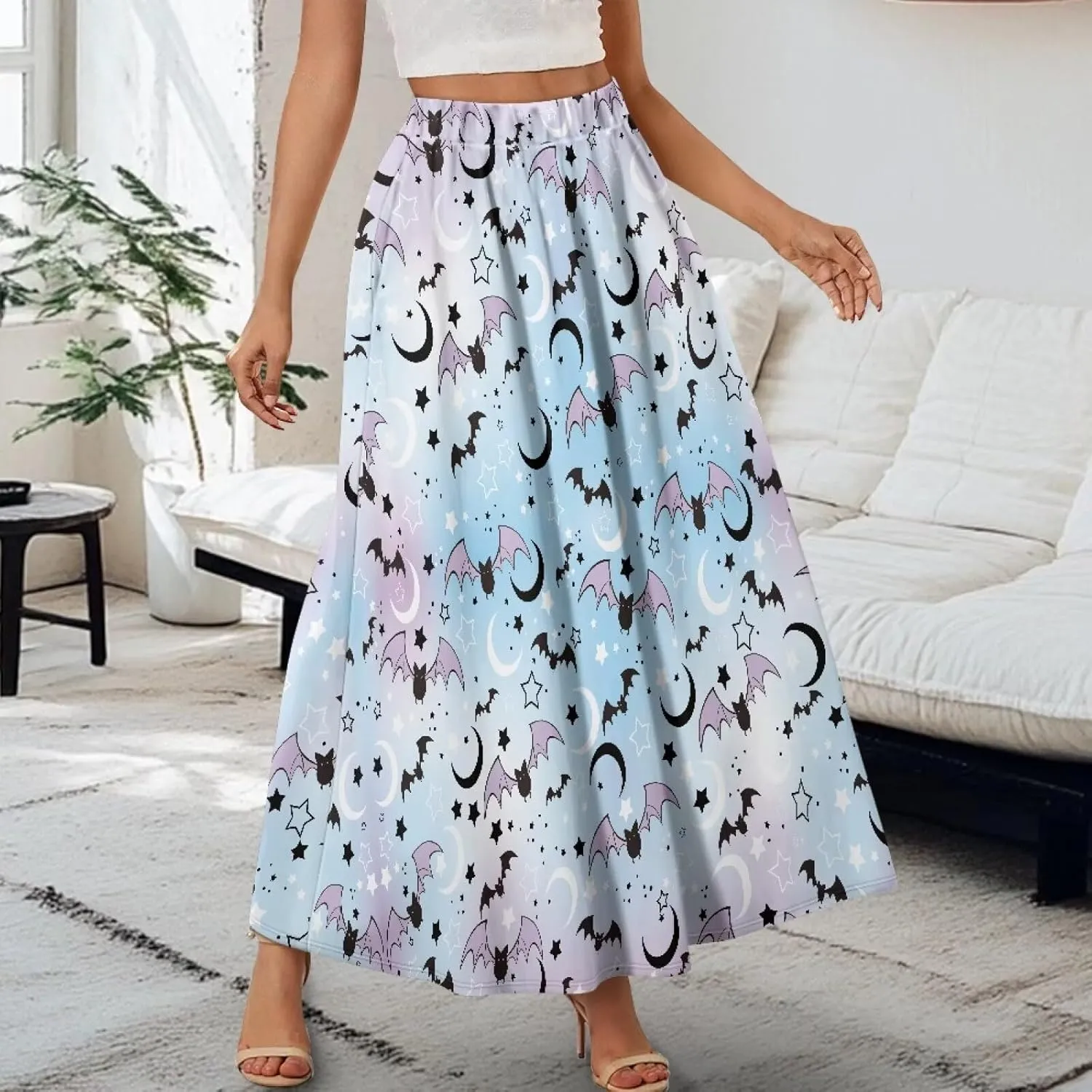 Women Elastic High Waist Skirt A-Line Pleated Swing Flowy Maxi Long Skirt Dress with Pockets Size S-2XL