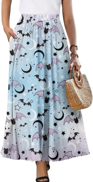 Women Elastic High Waist Skirt A-Line Pleated Swing Flowy Maxi Long Skirt Dress with Pockets Size S-2XL