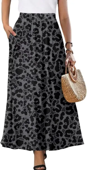 Women Elastic High Waist Skirt A-Line Pleated Swing Flowy Maxi Long Skirt Dress with Pockets Size S-2XL